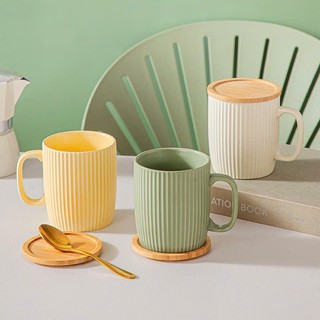 Cốc gốm sứ kèm nắp gỗ tráng men Lolipop, cốc sứ vintage, cốc sứ cà phê