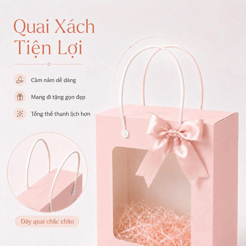 Combo 100 Hộp Quà Tăng Tự Gấp Màu Hồng Sang Trọng Quai Xách Chắc Chắn Nhiều Kích Thước
