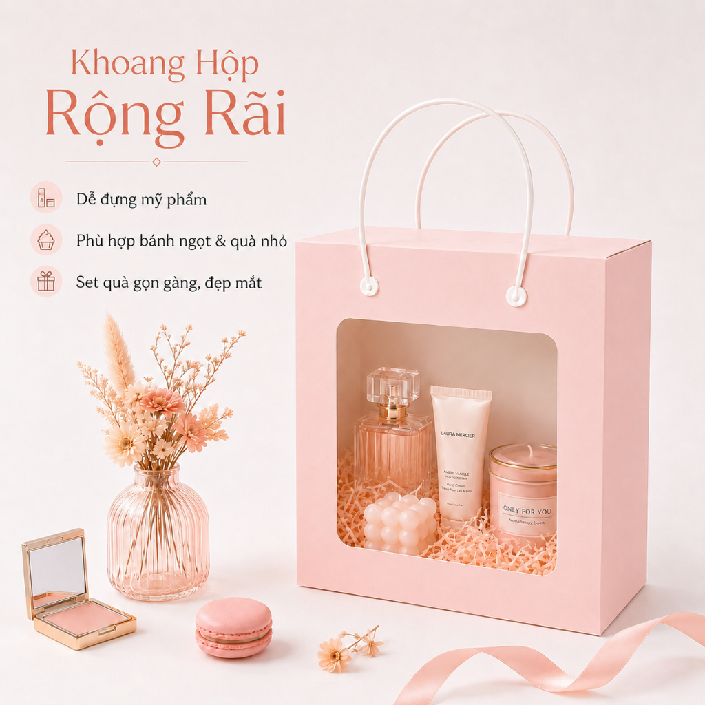 Combo 100 Hộp Quà Tăng Tự Gấp Màu Hồng Sang Trọng Quai Xách Chắc Chắn Nhiều Kích Thước