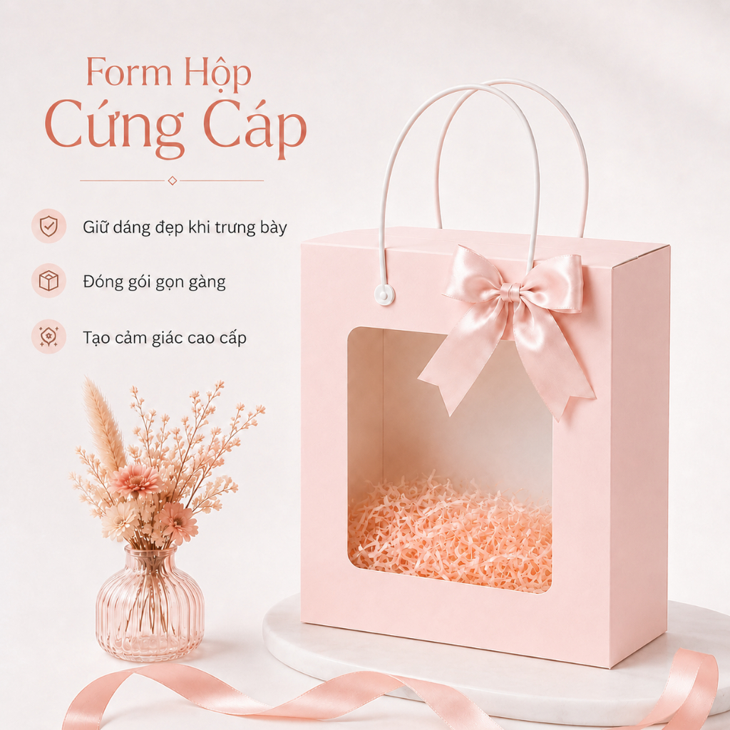 Combo 100 Hộp Quà Tăng Tự Gấp Màu Hồng Sang Trọng Quai Xách Chắc Chắn Nhiều Kích Thước
