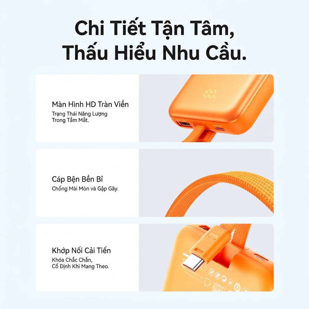 Pin Sạc Dự Phòng Vention 10000mAh Sạc Nhanh 22.5W Tích Hợp Cáp USB-C, Sạc Không Dây 15W Cho Phone