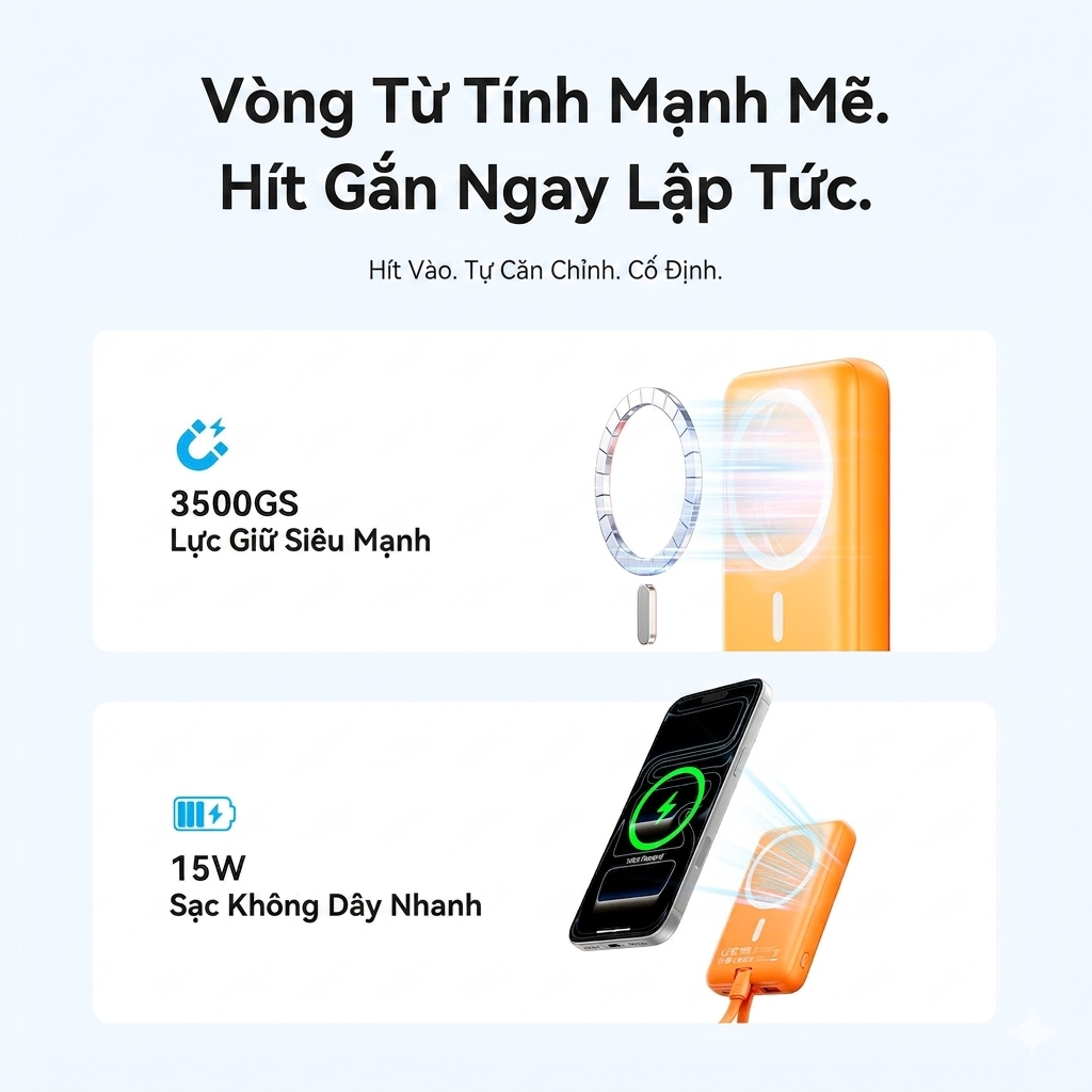 Pin Sạc Dự Phòng Vention 10000mAh Sạc Nhanh 22.5W Tích Hợp Cáp USB-C, Sạc Không Dây 15W Cho Phone