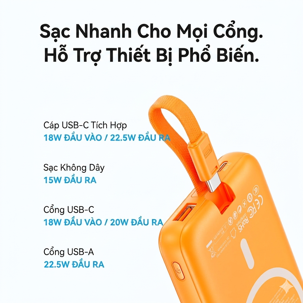 Pin Sạc Dự Phòng Vention 10000mAh Sạc Nhanh 22.5W Tích Hợp Cáp USB-C, Sạc Không Dây 15W Cho Phone