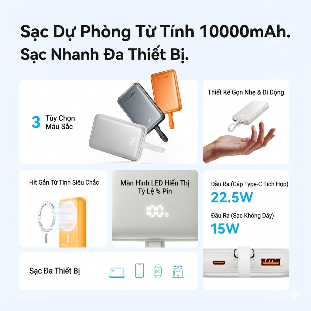 Pin Sạc Dự Phòng Vention 10000mAh Sạc Nhanh 22.5W Tích Hợp Cáp USB-C, Sạc Không Dây 15W Cho Phone