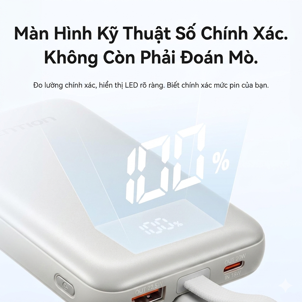 Pin Sạc Dự Phòng Vention 10000mAh Sạc Nhanh 22.5W Tích Hợp Cáp USB-C, Sạc Không Dây 15W Cho Phone