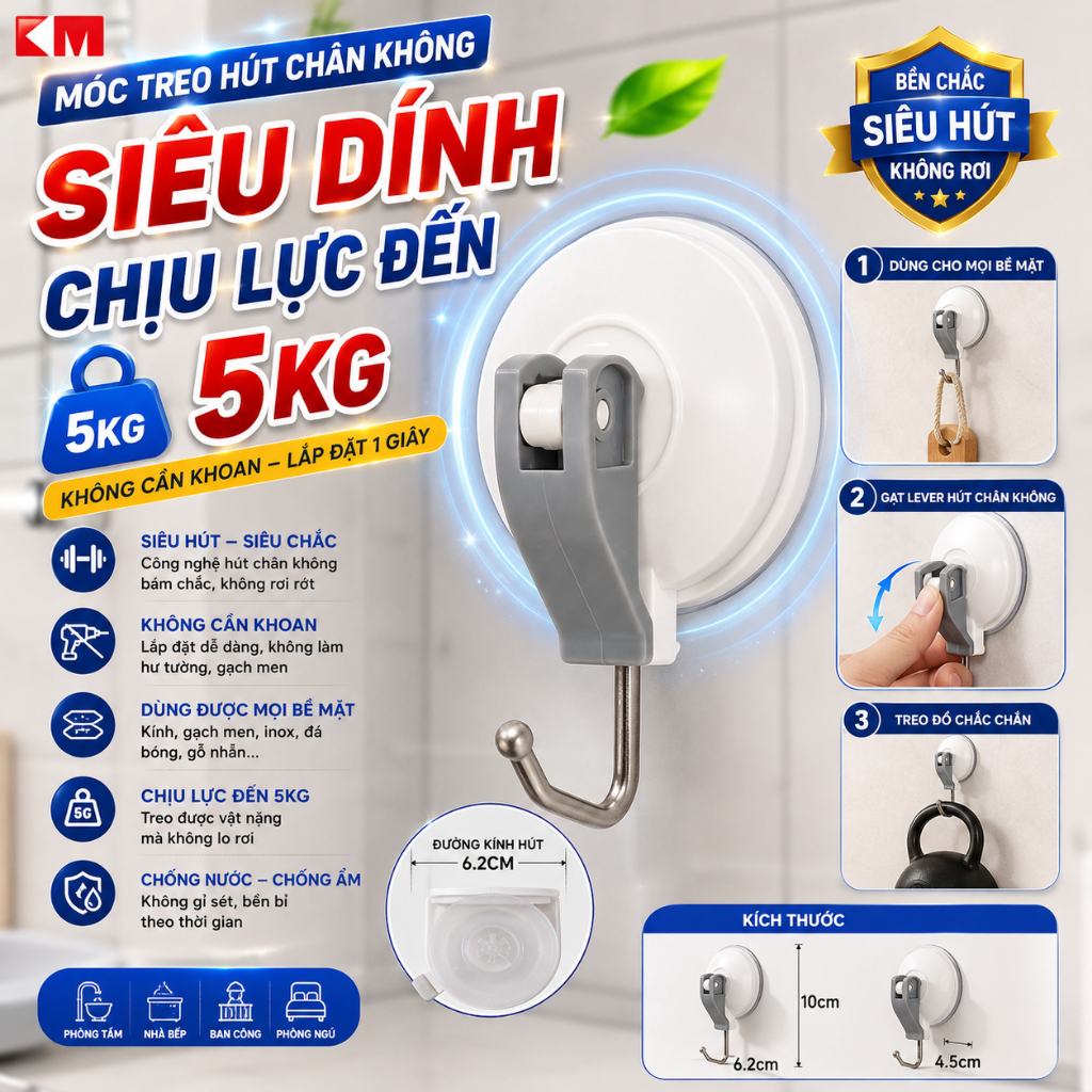 MÓC TREO HÚT CHÂN KHÔNG CỠ ĐẠI KM 518 – SIÊU DÍNH, KHÔNG CẦN KHOAN, CHỊU LỰC ĐẾN 5KG