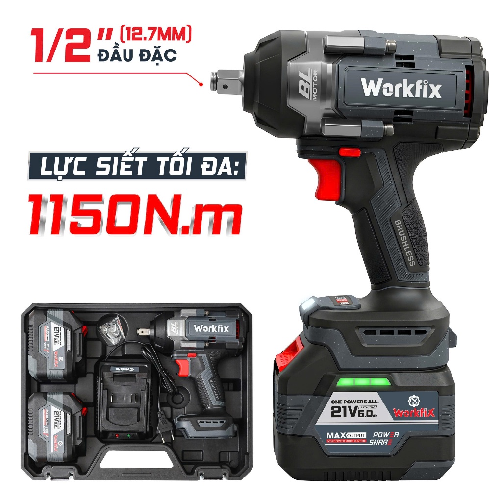 Máy Siết Bulong WORKFIX WF-IW1150N, Đầu đặc Lực Siết 1150n.m - 15CELL Mở Vặn Ốc Xe Ô Tô Tối Đa 38mm