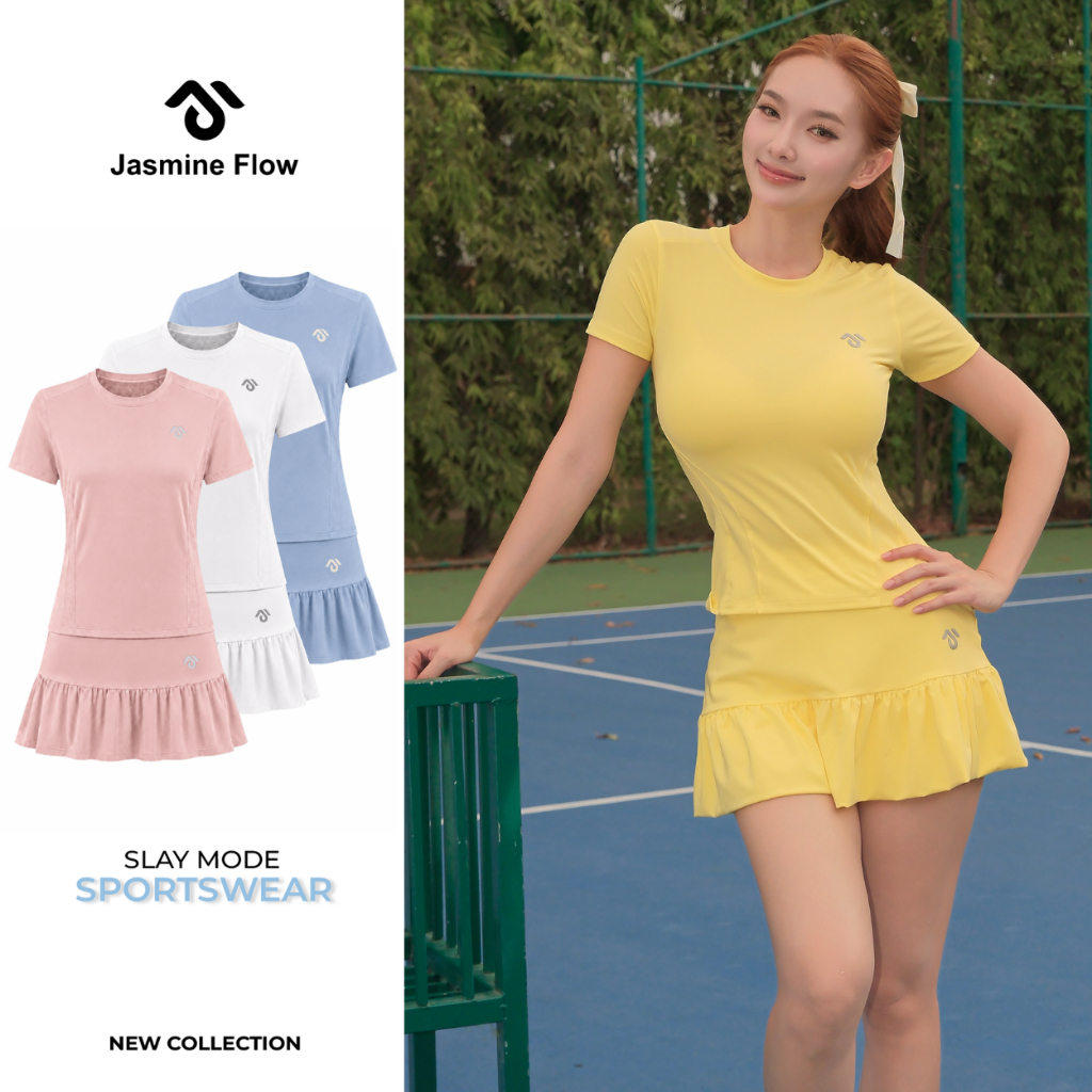 Set Áo Thể Thao Nữ Trơn Phối Chân Váy Bí, Co Giãn 4 Chiều Tập Gym, Chạy Bộ, Pickle Ball,... JG018 - Jasmine Flow Premium