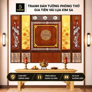 Tranh treo phòng thờ 3D vải lụa kim sa cao cấp TS Decor, tranh dán tường bàn thờ trang nghiêm, tặng keo và dụng cụ dán