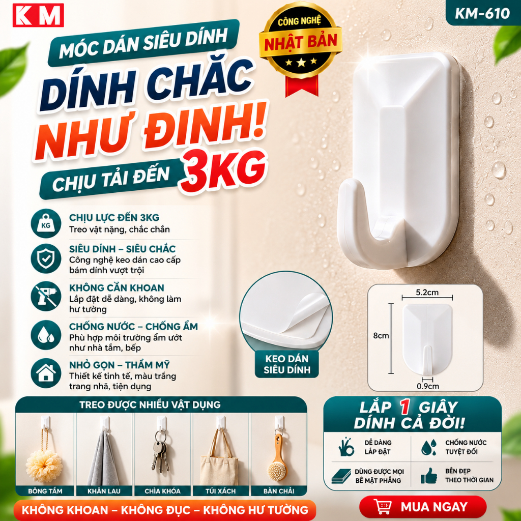 MÓC DÁN SIÊU DÍNH NHẬT BẢN – CHỊU TẢI 3KG, DÍNH CHẮC NHƯ ĐINH 610