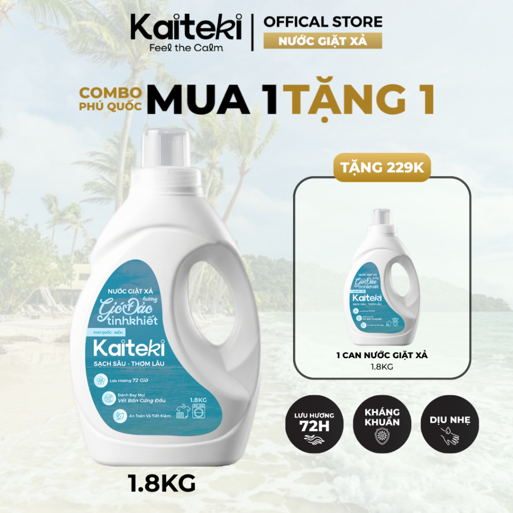 Nước Giặt Xả Kaiteki 1.8KG - Thơm Lâu 72H, Hương Nước Hoa Cao Cấp, Kháng Khuẩn Nano Bạc - Mua 1 Tặng 1