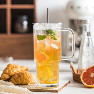 Ly Thuỷ Tinh Vân Sọc Có Quai Cầm Cao Cấp Uống Cafe, Trà Sữa Tặng Kèm Nắp Và Ống Hút Dung Tích 600ml