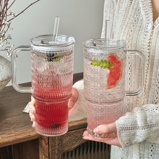 Ly Thuỷ Tinh Vân Sọc Có Quai Cầm Cao Cấp Uống Cafe, Trà Sữa Tặng Kèm Nắp Và Ống Hút Dung Tích 600ml