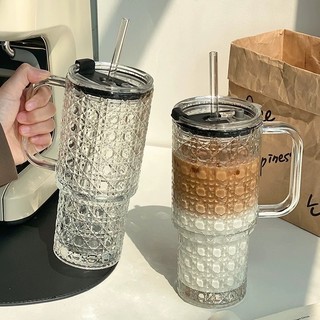 Ly Thuỷ Tinh Vân Sọc Có Quai Cầm Cao Cấp Uống Cafe, Trà Sữa Tặng Kèm Nắp Và Ống Hút Dung Tích 600ml