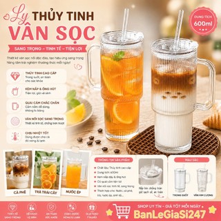 Ly Thuỷ Tinh Vân Sọc Có Quai Cầm Cao Cấp Uống Cafe, Trà Sữa Tặng Kèm Nắp Và Ống Hút Dung Tích 600ml