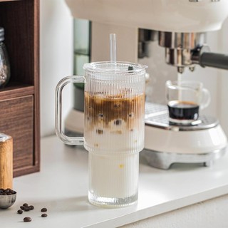 Ly Thuỷ Tinh Vân Sọc Có Quai Cầm Cao Cấp Uống Cafe, Trà Sữa Tặng Kèm Nắp Và Ống Hút Dung Tích 600ml