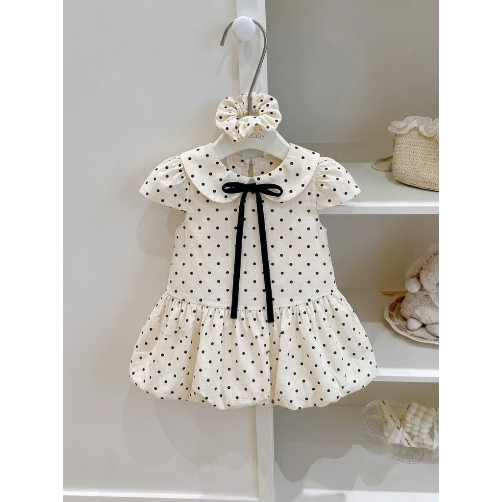 ĐẦM BABYDOLL HỌA TIẾT CHẤM BI CỔ SEN CHO BÉ GÁI , VÁY BÍ PHỐI NƠ NGỌT NGÀO CHUẨN TIỂU THƯ