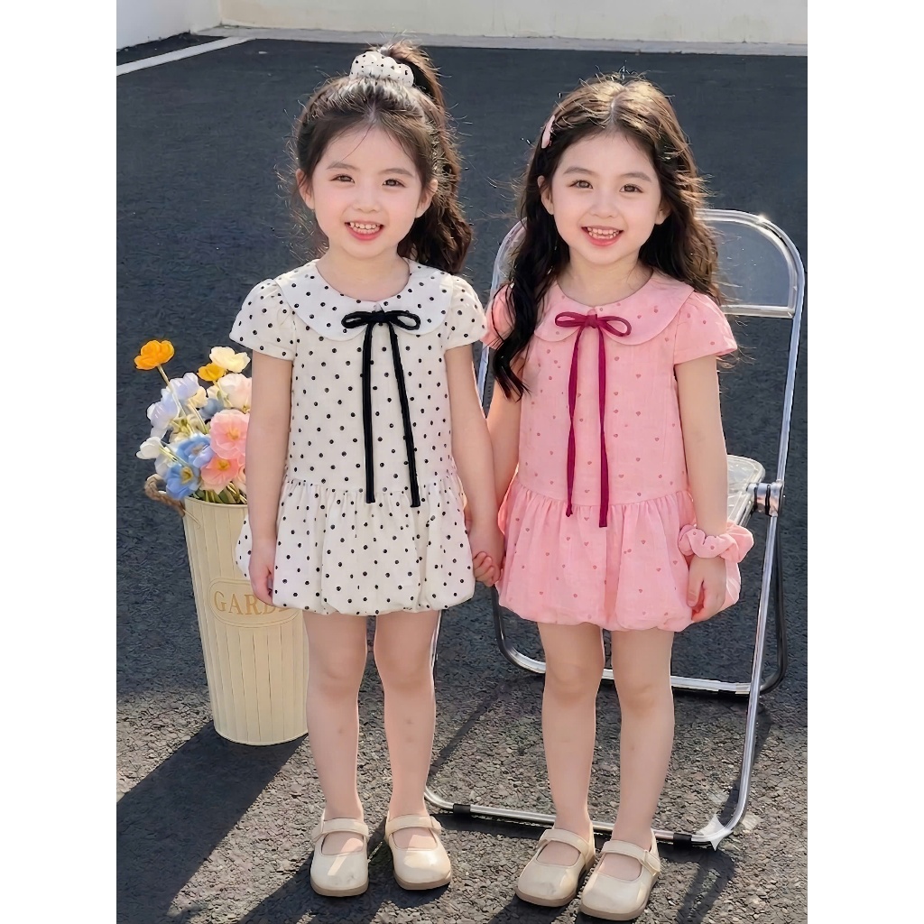 ĐẦM BABYDOLL HỌA TIẾT CHẤM BI CỔ SEN CHO BÉ GÁI , VÁY BÍ PHỐI NƠ NGỌT NGÀO CHUẨN TIỂU THƯ