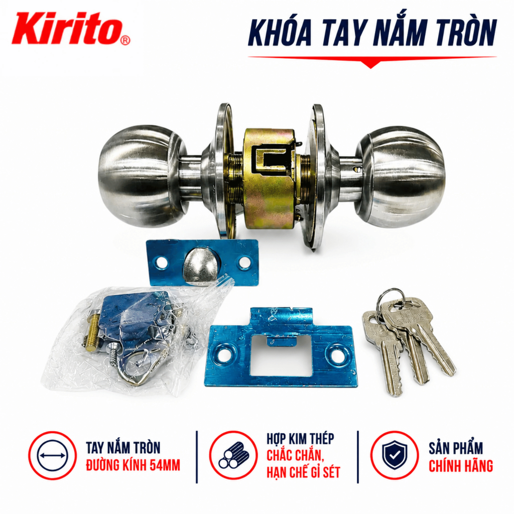 Khóa Tay Nắm Tròn KAPUSI K6233 Cò Dài / K6234 Cò Ngắn - Khóa Cửa Gỗ, Cửa Sắt, Cửa Phòng 3 Chìa