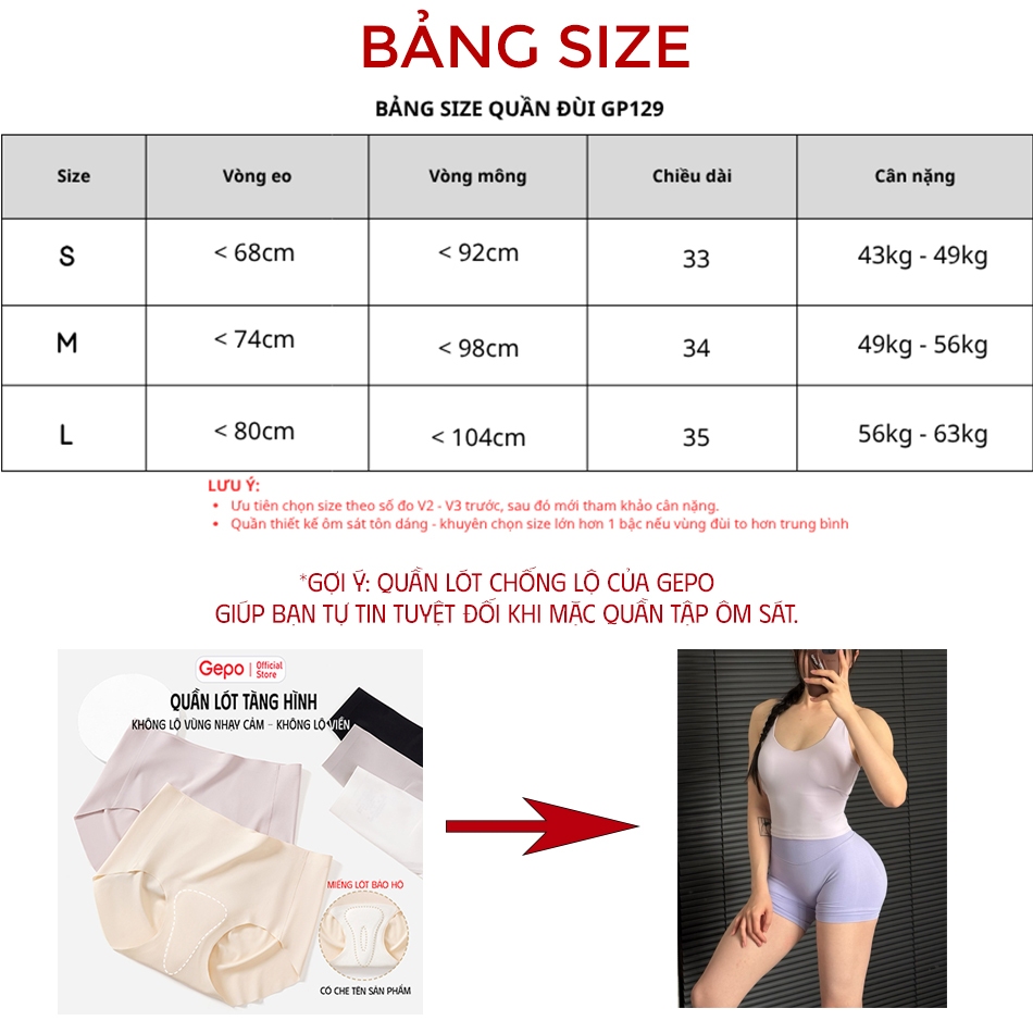 GEPO Quần Short Đùi Tập Gym Cạp Cao Lưng V Có Chun Bản Nâng Cấp 10%Elsaten GP129