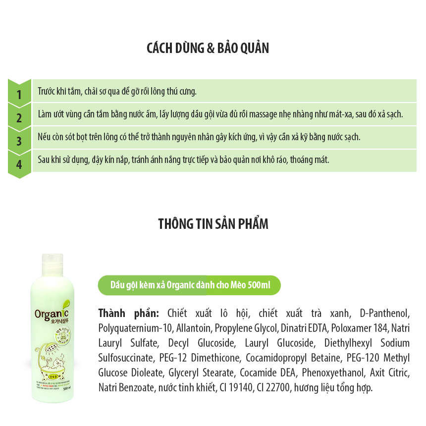 Sữa Tắm Kèm Xả ORGANIC Cho Chó Mèo Chai 500ML, An Toàn Lành Tính, Dưỡng Ẩm, Gỡ Rối - PUPET