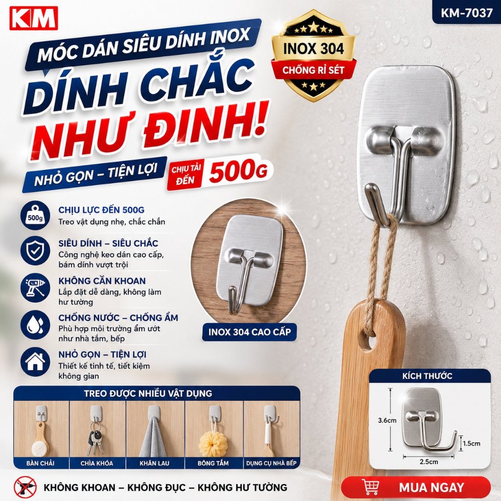MÓC DÁN SIÊU DÍNH INOX TREO ĐỒ NHẬT BẢN – NHỎ GỌN, TIỆN LỢI  7037