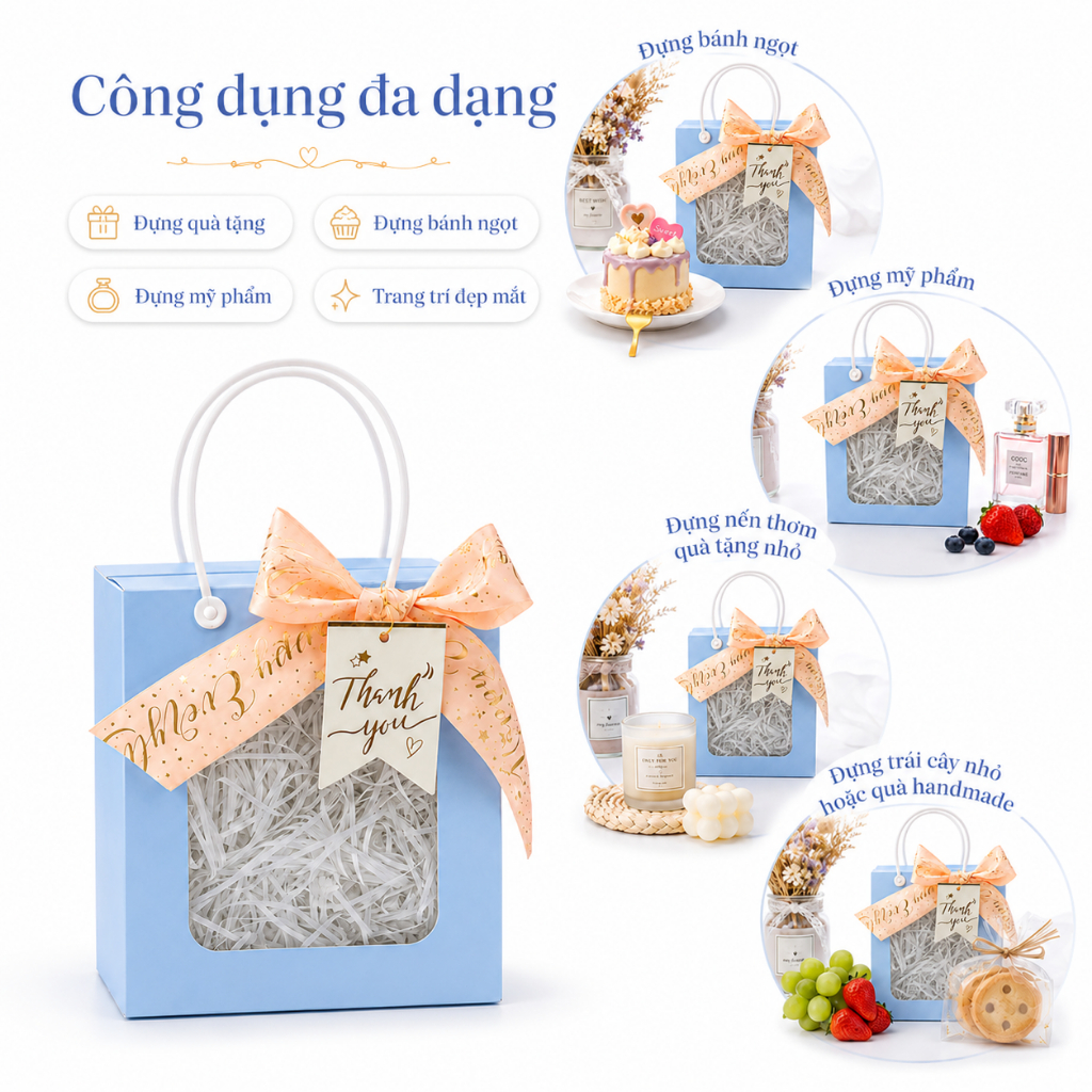 Combo 100 Hộp Quà Tăng Tự Gấp Màu Xanh Biển Sang Trọng Quai Xách Chắc Chắn Nhiều Kích Thước