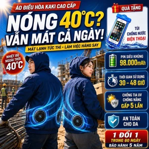 Áo Điều Hòa KaKi 2 Quạt 98000mAh Siêu Trâu, Mát Sâu 48H, Gió Cực Mạnh, Có Mũ Chống Nắng UV Nam Nữ