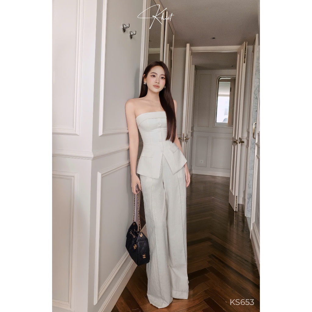 Set quần dài linen hoa kẻ sọc phối áo quây phong cách quyến rũ hiện đại KS653