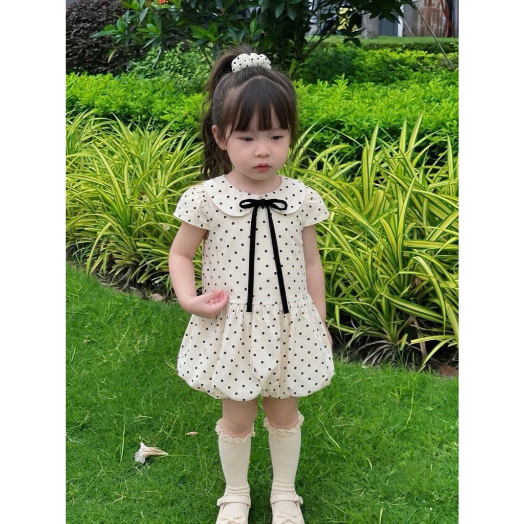 ĐẦM BABYDOLL HỌA TIẾT CHẤM BI CỔ SEN CHO BÉ GÁI , VÁY BÍ PHỐI NƠ NGỌT NGÀO CHUẨN TIỂU THƯ