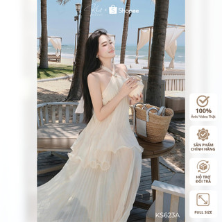 Set váy dài phối áo cổ yếm đính charm tơ kem dập ly phong cách nhẹ nhàng nữ tính bay bổng KS623A