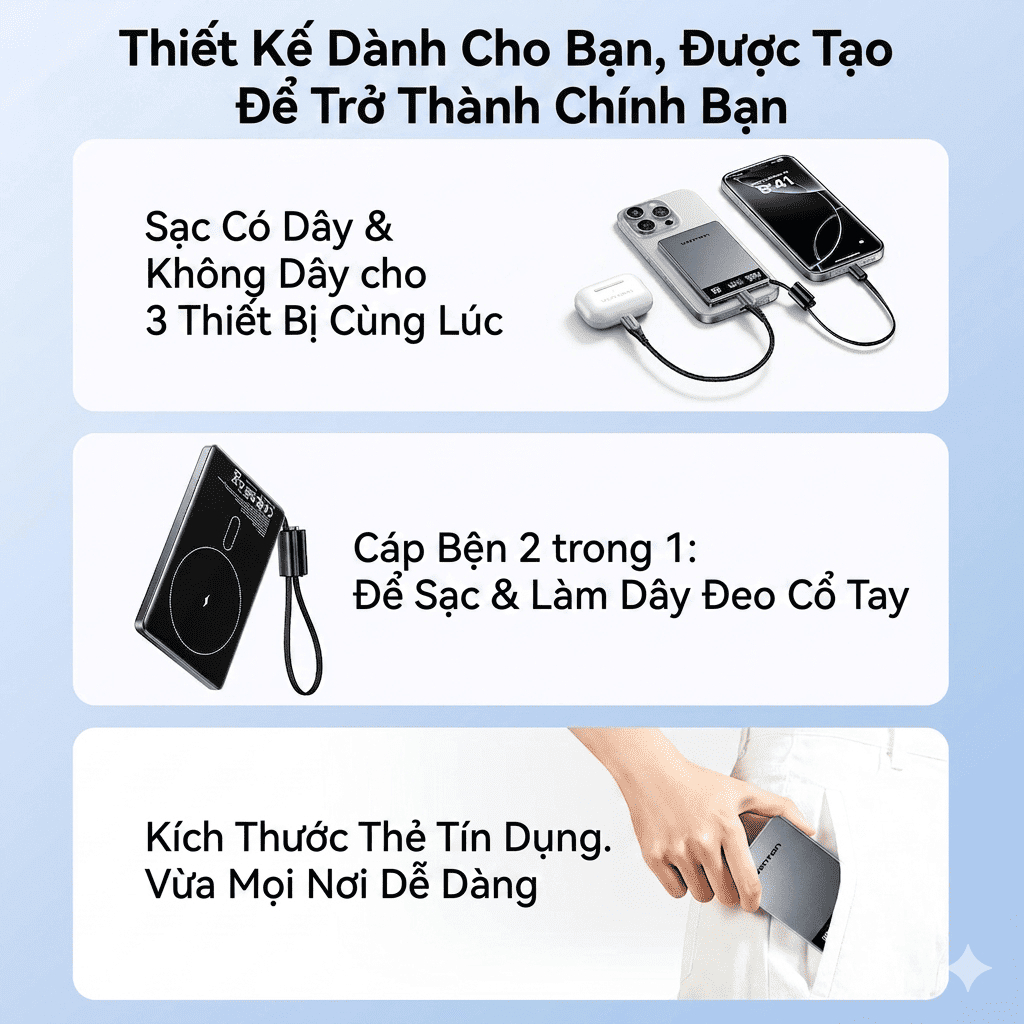 Pin Sạc Dự Phòng Từ Tính Vention 5000mAh MatSafe, Sạc Không Dây 15W, Sạc Nhanh 22.5W, Tích Hợp Cáp USB-C Cho Phone