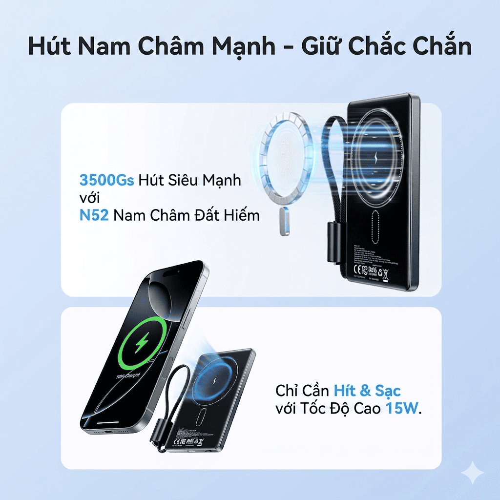 Pin Sạc Dự Phòng Từ Tính Vention 5000mAh MatSafe, Sạc Không Dây 15W, Sạc Nhanh 22.5W, Tích Hợp Cáp USB-C Cho Phone