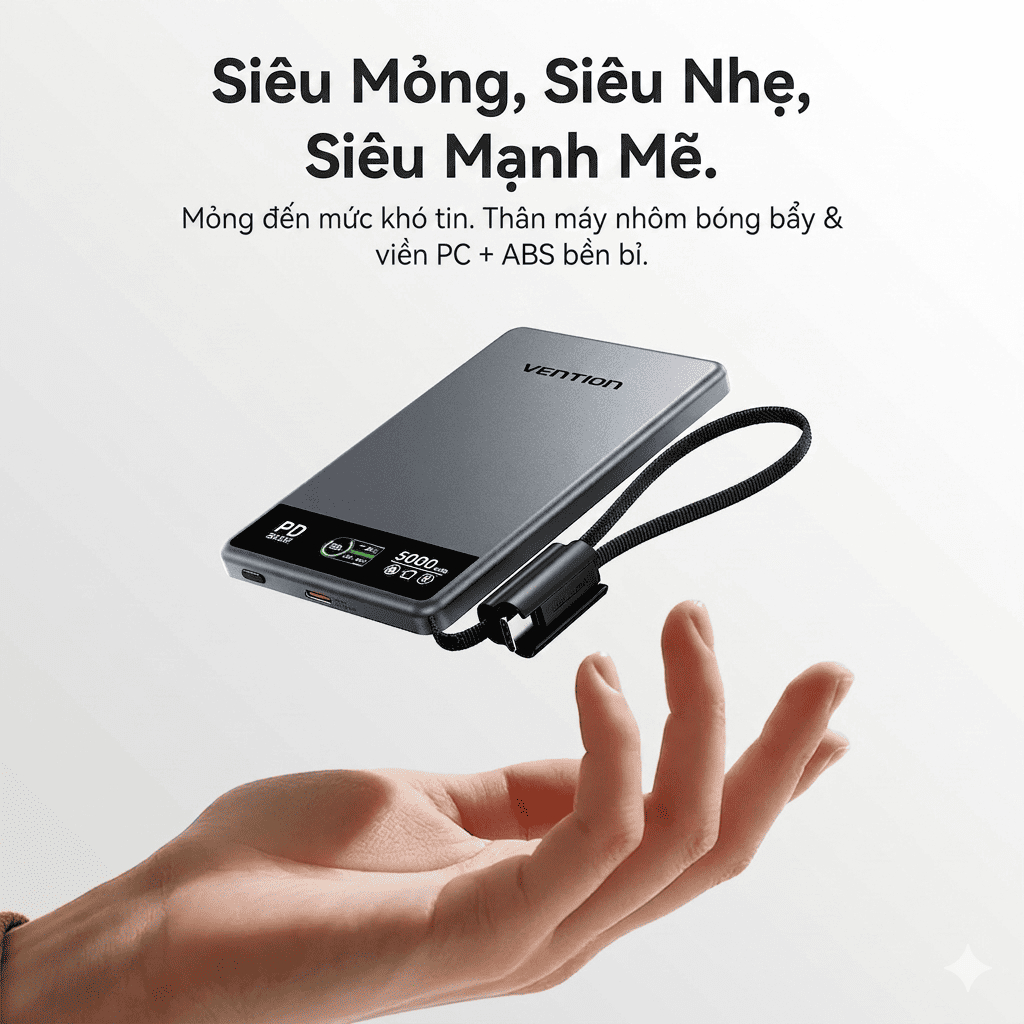 Pin Sạc Dự Phòng Từ Tính Vention 5000mAh MatSafe, Sạc Không Dây 15W, Sạc Nhanh 22.5W, Tích Hợp Cáp USB-C Cho Phone