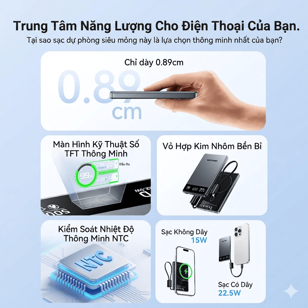 Pin Sạc Dự Phòng Từ Tính Vention 5000mAh MatSafe, Sạc Không Dây 15W, Sạc Nhanh 22.5W, Tích Hợp Cáp USB-C Cho Phone