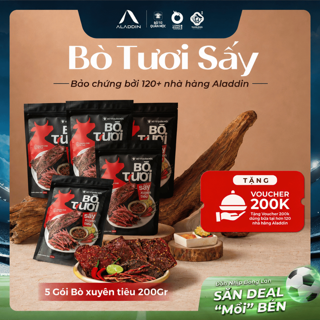 Combo 5 Gói Bò Tươi Sấy Xuyên Tiêu Aladdin 200g - Sợi Bò Dai Mềm, Vị Cay Tê Tứ Xuyên