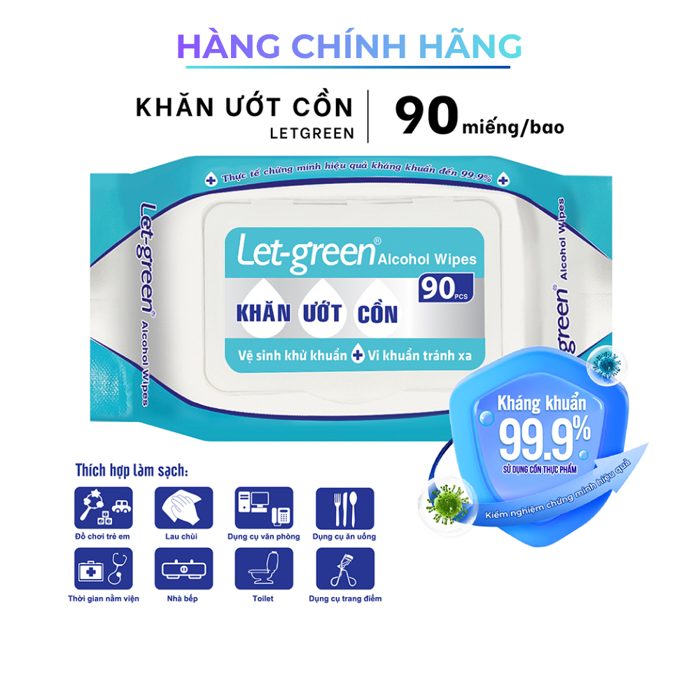 [Hàng Chính Hãng] Khăn Ướt Cồn Thực Phẩm LET-GREEN 90 Miếng - Kháng Khuẩn 99% - An Toàn - Tiện Lợi