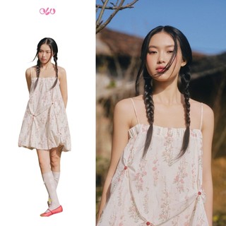 Đầm OLV babydoll hoa nhí kem Cream Fleur Muslin Puff Ruffled Dress phù hợp đi chơi đi biển
