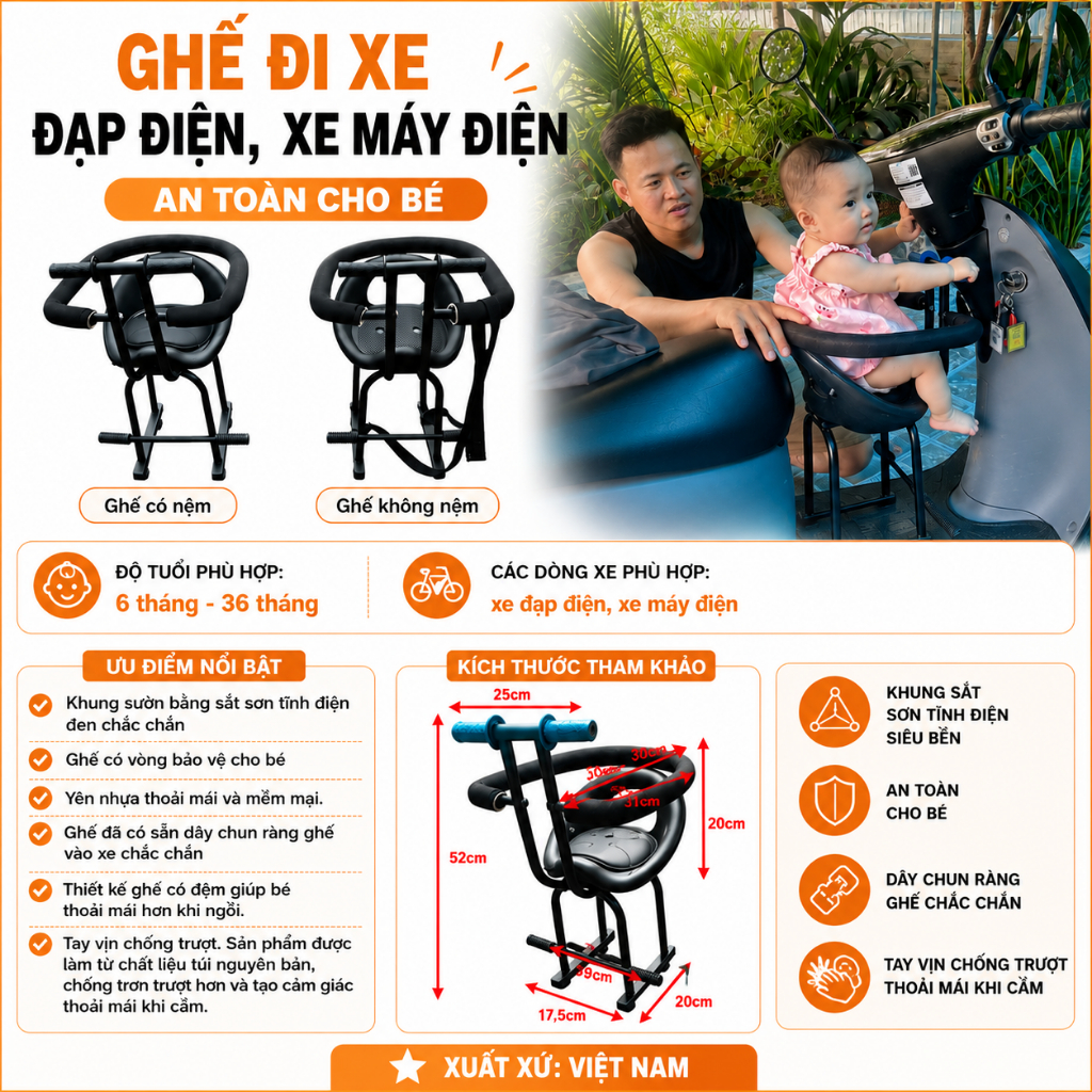 Ghế ngồi xe đạp điện cho bé, Ghế ngồi xe đạp , xe máy điện cho bé