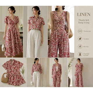 Vải Linen Tưng Premium/Pure Linen In Hoạ Tiết Đỏ Gạch Mềm Mướt Chưa WASH Khổ 1m30 Đã WASH CN Khổ 1m25