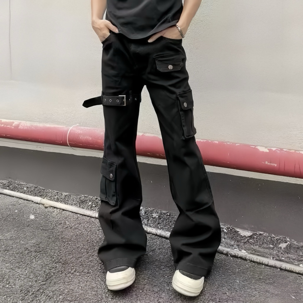 L5 Quần Jeans Nam Nữ Cargo Đai Khoá Màu Đen Cao Cấp Phong Cách Douyin