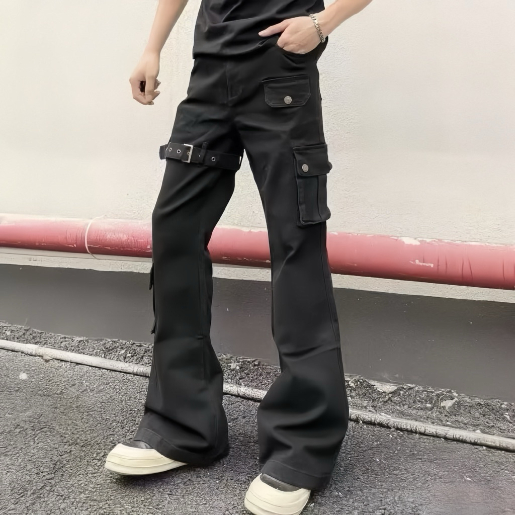 L5 Quần Jeans Nam Nữ Cargo Đai Khoá Màu Đen Cao Cấp Phong Cách Douyin