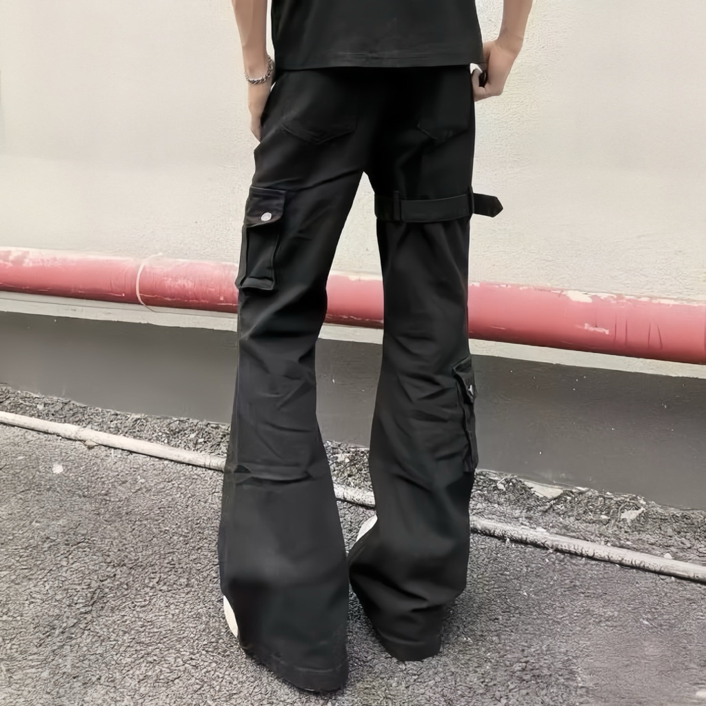 L5 Quần Jeans Nam Nữ Cargo Đai Khoá Màu Đen Cao Cấp Phong Cách Douyin