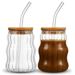 Ly Thuỷ Tinh Decor  Nắp Gỗ Tặng Kèm Ống Hút Thuỷ Tinh Chịu Nhiệt Cao Dùng Uống Detox,Matcha, Cafe