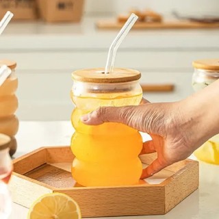 Ly Thuỷ Tinh Decor  Nắp Gỗ Tặng Kèm Ống Hút Thuỷ Tinh Chịu Nhiệt Cao Dùng Uống Detox,Matcha, Cafe
