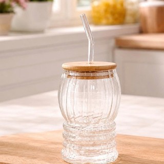 Ly thủy tinh nắp gỗ kèm ống hút chịu nhiệt dung tích 400 ml cao cấp