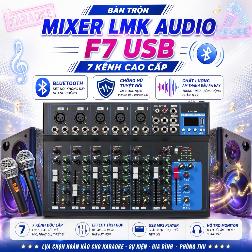 Bàn Trộn Mixer F7 USB - 7 Kênh Cao Cấp - Có Bluetooth, Chống Hú Tuyệt ...