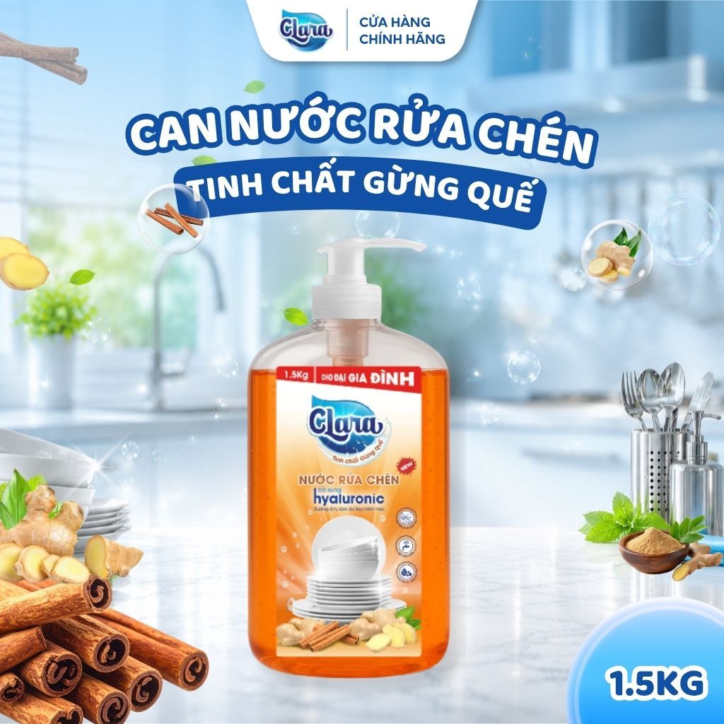 Nước Rửa Chén Clara Tinh Chất Gừng Quế 1,5kg NRCQG04, Nước Rửa Bát Hương Thơm Lành Tính Đánh Bay Dầu Mỡ Hàng Chính Hãng