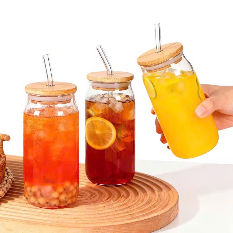Ly thủy tinh Hình Lon Bia Chịu Nhiệt 350ml/500ml, trong suốt, có nắp, có ống hút