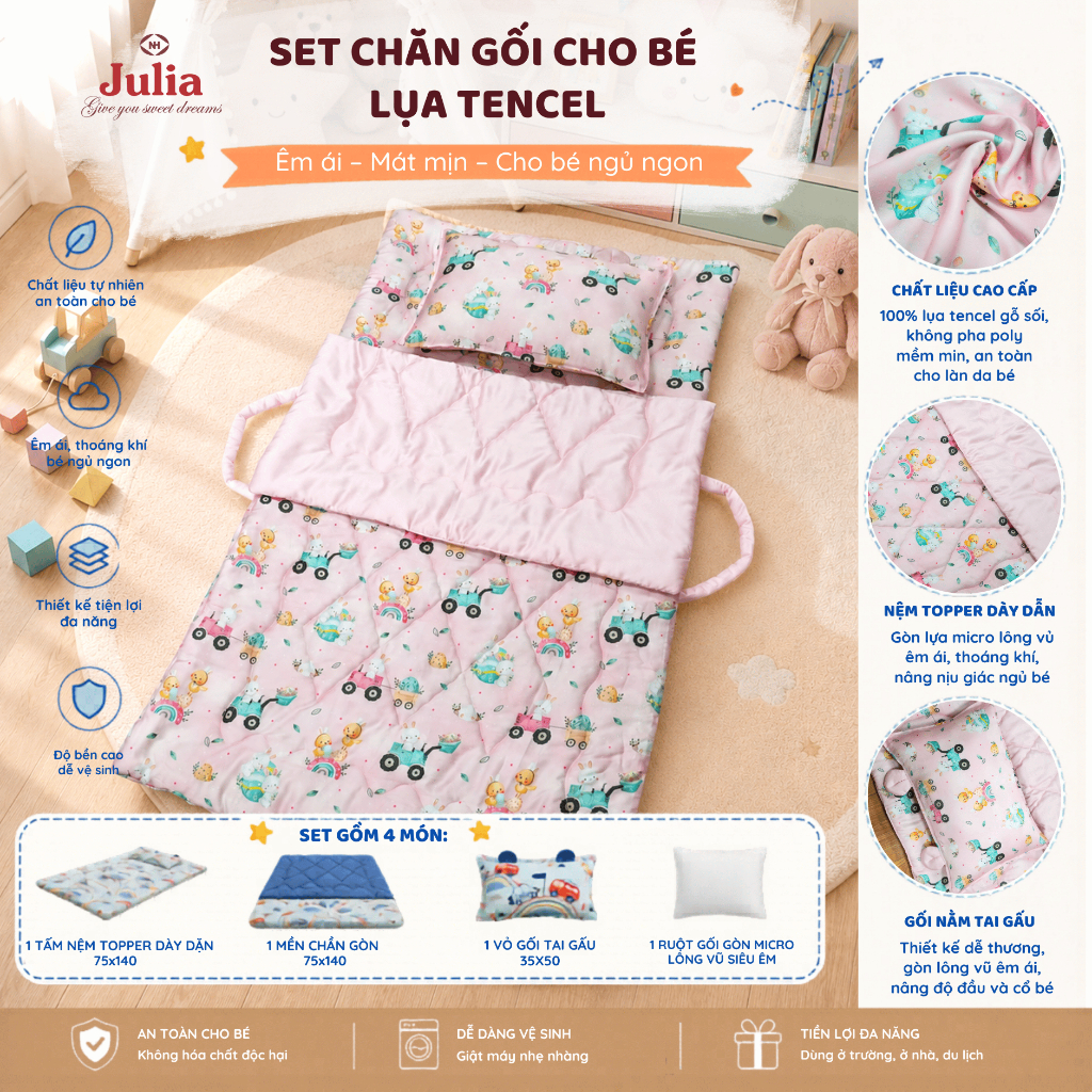SET CHĂN GỐI ĐI HỌC CHO BÉ – 100% TỪ LỤA TENCEL GỖ SỒI - SET LỤA TENCEL CHĂN GỐI EM BÉ